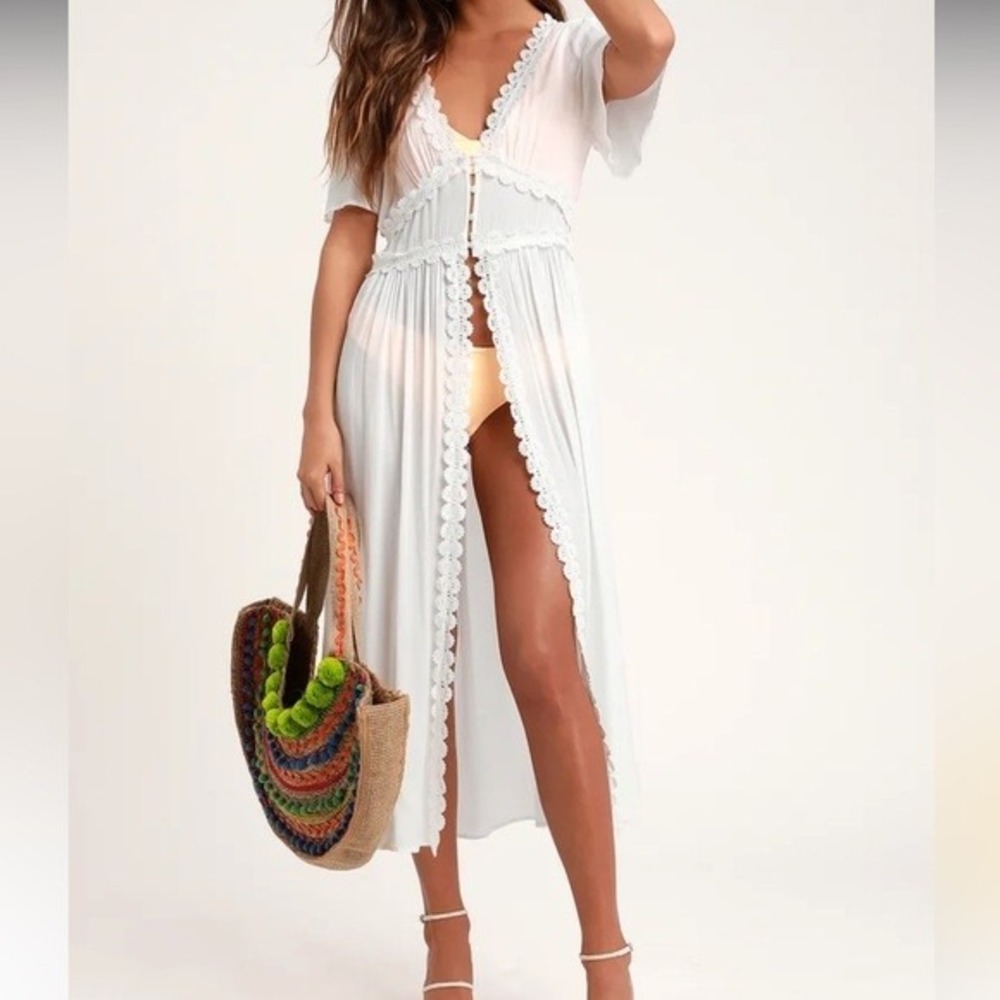 Lulus Bay Breeze White Semi Sheer Short Sleeve Long Flowy Cover Up V Neck XS - Picture 2 of 10